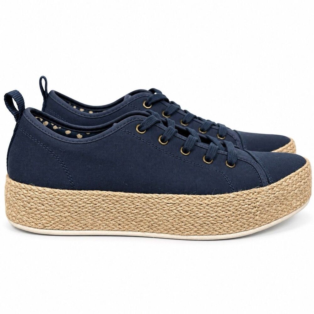 Bobs Womens 9 Navy Canvas Espadrille Platform Sneakers Lace Up Coastal Preppy